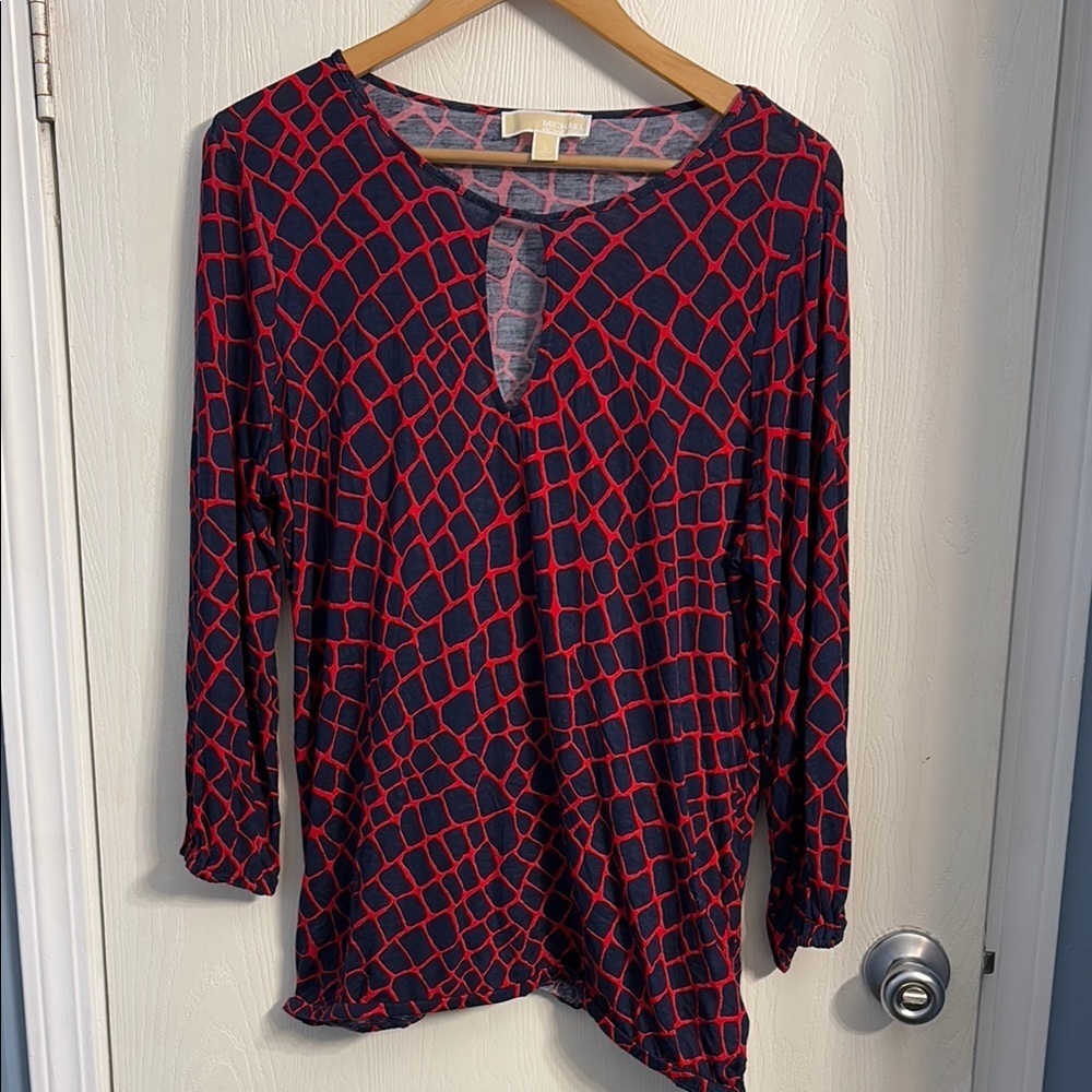 Michael Kors Blue and Red Graphic 3/4 Sleeve Blouse